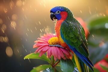 Fototapeta premium Rainbow lorikeet parrot. Colorful parrot sitting on a flower in the rain with a blurred background.