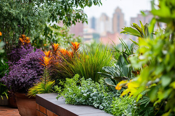 Cozy urban home garden on rooftop of residential building in city in background