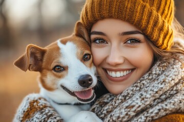 Young woman smiling joyfully while holding her happy dog in a cozy outdoor setting during autumn
