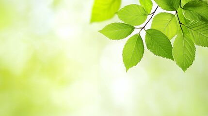 Bright Green Leaves on Branch Soft Focus Background