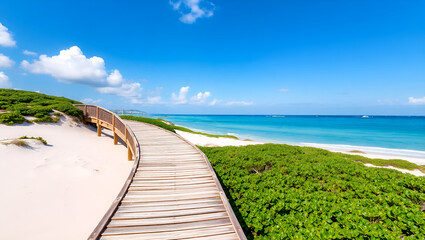 Wooden boardwalk, sandy beach, turquoise ocean, blue sky, white clouds, green grass, coastal landscape, tropical paradise, curved path, sunny day, tranquil scene, holiday destination, nature photograp