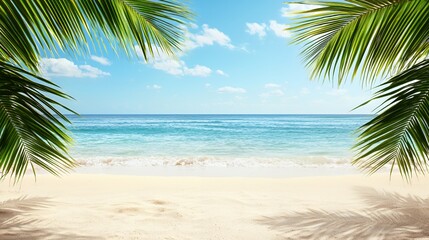 Obraz premium Serene Tropical Beach Scene with Palm Trees and Azure Ocean