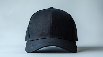 A sleek, black snapback cap, featuring a curved brim and a matching bill, rests on a white backdrop, ready to be adorned with your logo or design.