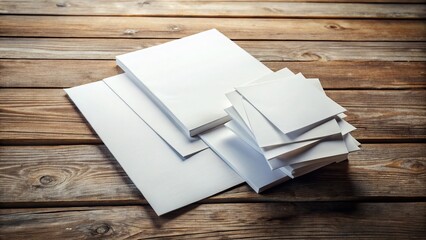 Fototapeta premium Blank White Paper Sheets on Rustic Wooden Background - Perfect for Mockups & Stationery Design