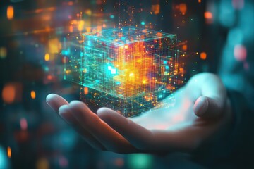 A person engaging with a cube hologram, holding it in their hands, with vibrant digital data projections and virtual interaction elements surrounding them.