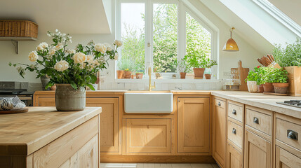 Modern kitchen interior, light pine wood cabinets
