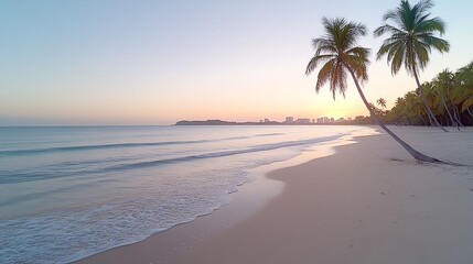 Serene tropical beach at sunrise with palm trees lining the shore and calm waves in the distance.