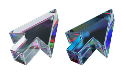 Computer point arrow made of dispersion chromatic glass isolated over transparent background. 3d render illustration