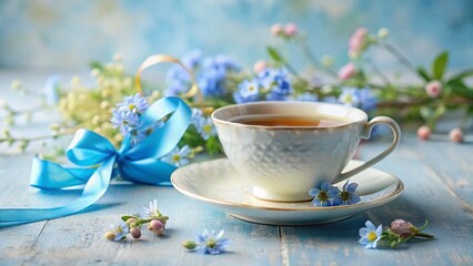 Fototapeta premium Blue Ribbon, Cataract Awareness: Herbal Tea & Flowers Still Life