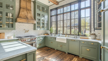 Modern kitchen interior, light sage green cabinets