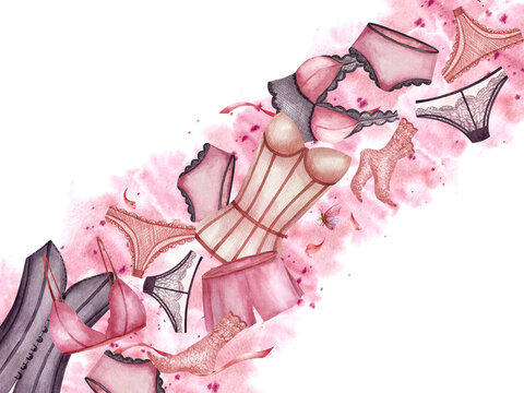 Lingerie, women underwear, lace sets and panties. Pink watercolor spot. Hand drawn illustration isolated from background. For banner in lingerie store and shop, leaflet, brochure, postcard on March 8