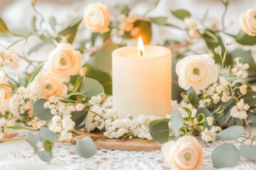 Close-up of a Lit Easter Candle on Lace Altar Cloth Surrounded by Spring Flowers in Warm Soft Focus Light