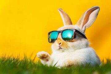 White Rabbit Wearing Sunglasses On Green Grass With Yellow Background. Easter Holiday Concept.