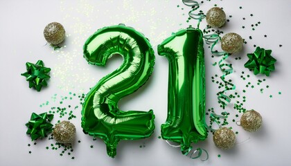Green balloon number 21 for twenty-first birthday or anniversary party. White background with confetti