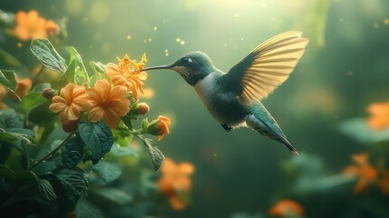 Fototapeta premium Hummingbird feeding flowers garden sunlight nature poster