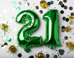 Green balloon number 21 for twenty-first birthday or anniversary party. White background with confetti