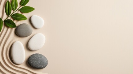 A serene composition featuring smooth stones, green leaves, and rippled sand, evoking tranquility and harmony with nature.
