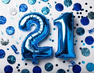 Blue balloon number 21 for twenty-first birthday or anniversary party. White background with confetti