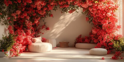 Cozy indoor space adorned with vibrant red flowers and minimalistic furniture
