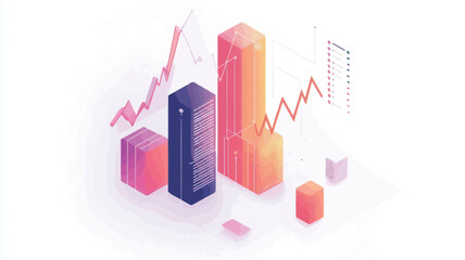 The image is a digital illustration depicting an isometric view of colorful 3D bar charts and graphs.  The bars are primarily in shades of pink, orange, and blue, suggesting a gradient