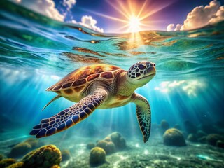 Fototapeta premium Bonaire Sea Turtle Hatchling Swimming, Underwater Bokeh Photography