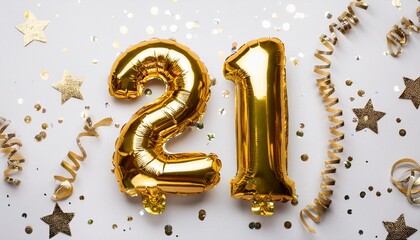 Gold balloon number 21 for twenty-first birthday or anniversary party. White background with confetti