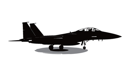 The image is a solid black silhouette of a fighter jet viewed in a three-quarter perspective.  The silhouette is detailed enough to show the shape and key features of the aircraft,