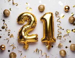 Gold balloon number 21 for twenty-first birthday or anniversary party. White background with confetti