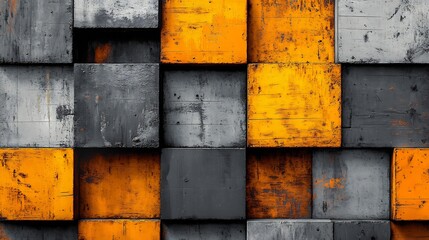 Abstract Gray Orange Cubes Textured Wall. AI Generated