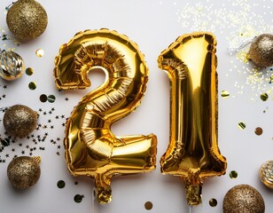 Gold balloon number 21 for twenty-first birthday or anniversary party. White background with confetti