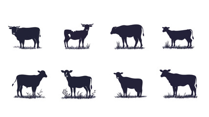 Obraz premium The image contains eight stylized silhouettes of cows in a dark blue/navy color against a white background. Each silhouette is presented in profile view, standing on a small patch of