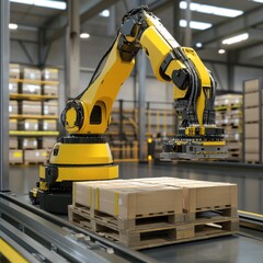 A robotic arm stacks wooden pallets in a modern warehouse, showcasing automation and efficiency in logistics and material handling.