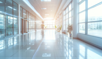 Hall way corridor soft white blue light blurred background panoramic windows bright light backdrop presentation.