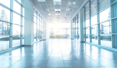 Obraz premium Hall way corridor soft white blue light blurred background panoramic windows bright light backdrop presentation.