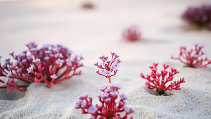 Macro photography, tiny coral polyps, vibrant pink and purple colors, sandy ocean floor, underwater scene, soft focus background, delicate marine life, artistic nature shot, shallow depth of field, pa