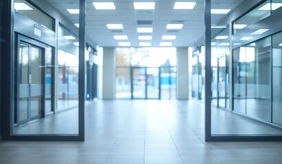 Obraz premium Hall way corridor soft white blue light blurred background panoramic windows bright light background.