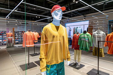 Shopper Using Augmented Reality Mirror in Virtual Dressing Room with Holographic Fashion Projection for Digital Shopping Experience