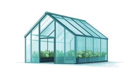 Obraz premium A digital rendering of a small, teal-colored glass greenhouse is depicted against a white background. The greenhouse has a gable roof and is shown at a slight angle, revealing a door on