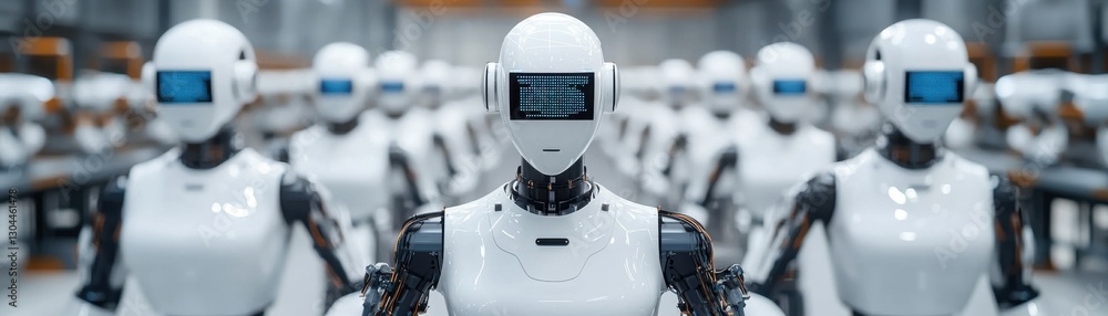 Poster a futuristic assembly of humanoid robots with sleek designs, lined up in a high-tech environment, sh