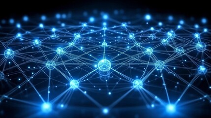 Obraz premium Dark Blue Network Interconnected Nodes with Lines, Data Transfer, Cyberspace Connectivity