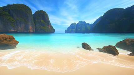 Fototapeta premium Serene Tropical Beach with Turquoise Water and Rocky Coastline