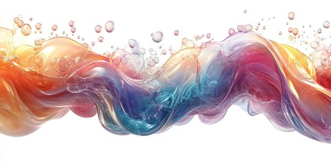 Colorful abstract wave of liquid with bubbles flows gracefully across a white background creating a vibrant artistic effect