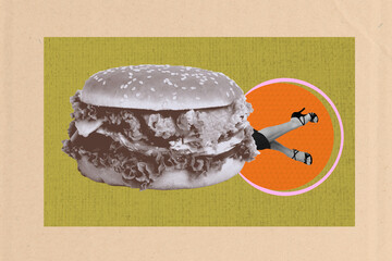3d sketch poster trend collage of bodyless girl cheeseburger nutrition fast food unhealthy meal...