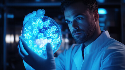 Fototapeta premium Medical Breakthroughs Concept, Scientist examining bioluminescent cell culture in laboratory setting