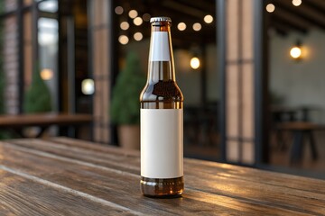 Golden beer bottle with a blank label, placed on a wooden surface inside a warmly lit pub. A professional branding mockup for craft beer packaging and marketing.