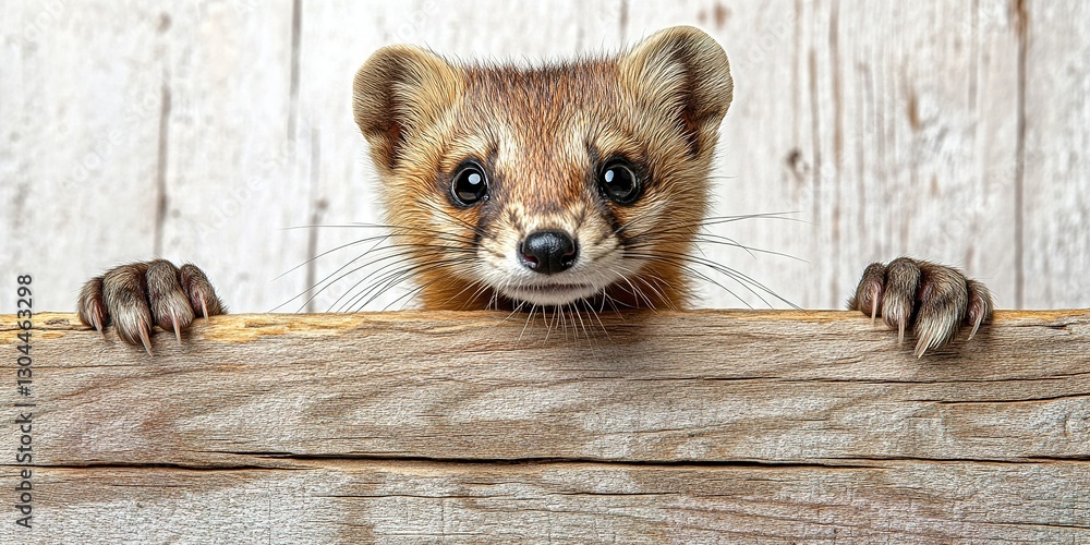 Poster curious marten peeks over wooden fence with an inquisitive expression in a rustic setting