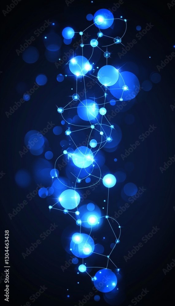Poster bright blue network of interconnected nodes and lines on dark blue background with bokeh effect