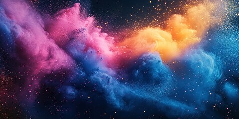 Fototapeta premium Colorful explosion of vibrant smoke and dust in a cosmic setting with deep blue and warm hues