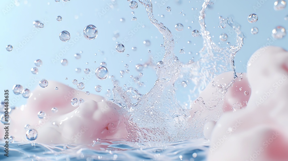 Poster water splashes and bubbles create a vibrant and refreshing visual effect against a soft blue backgro