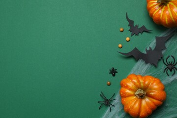 Halloween holiday decorations including pumpkins, spiders, bats on color background